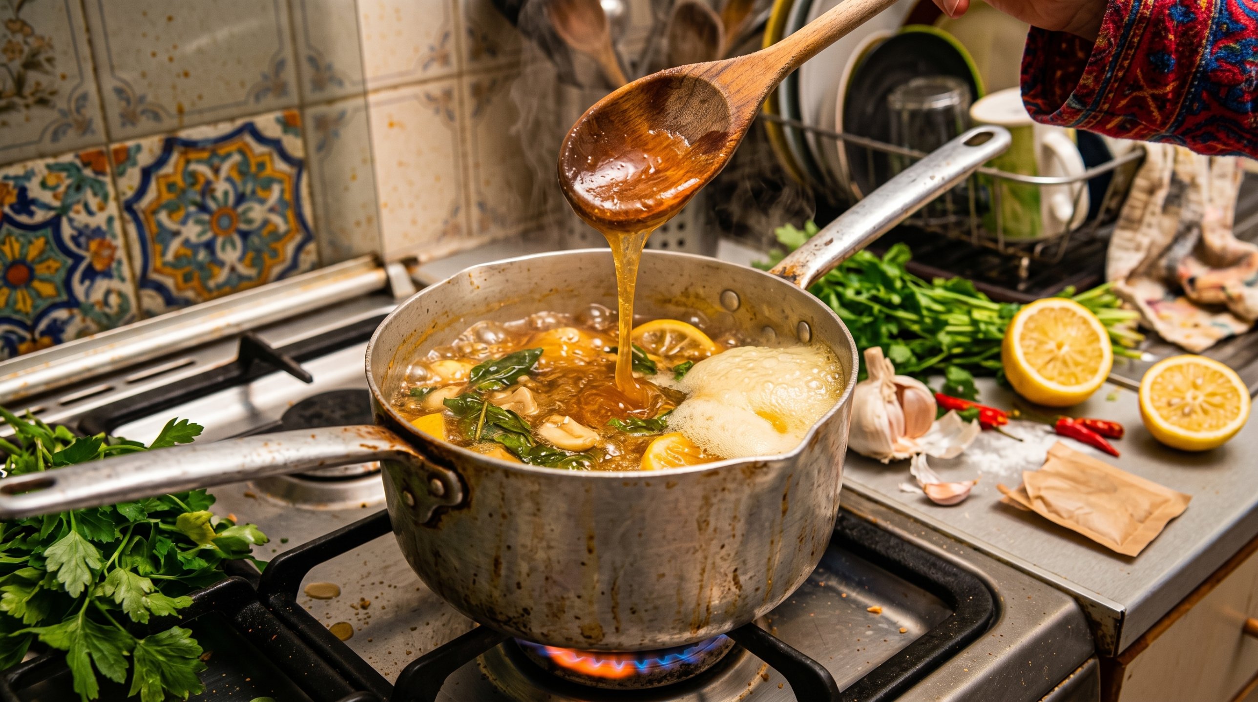 Homemade broth with lemon, honey, garlic and greens simmering on a stove