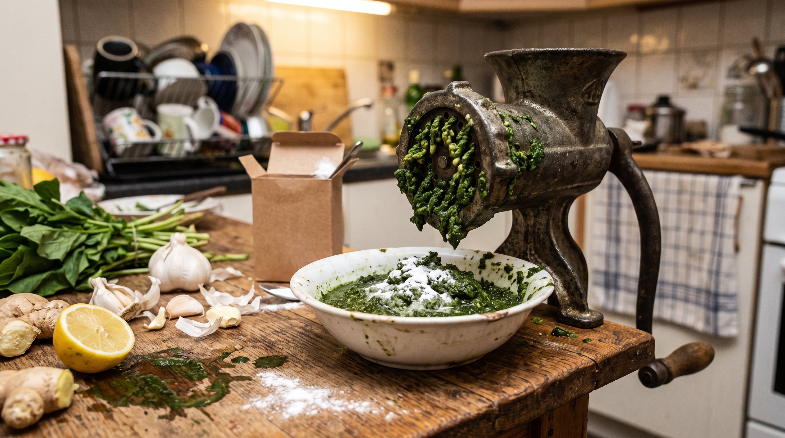 Fresh spinach paste made with a hand grinder, with garlic, ginger and lemon