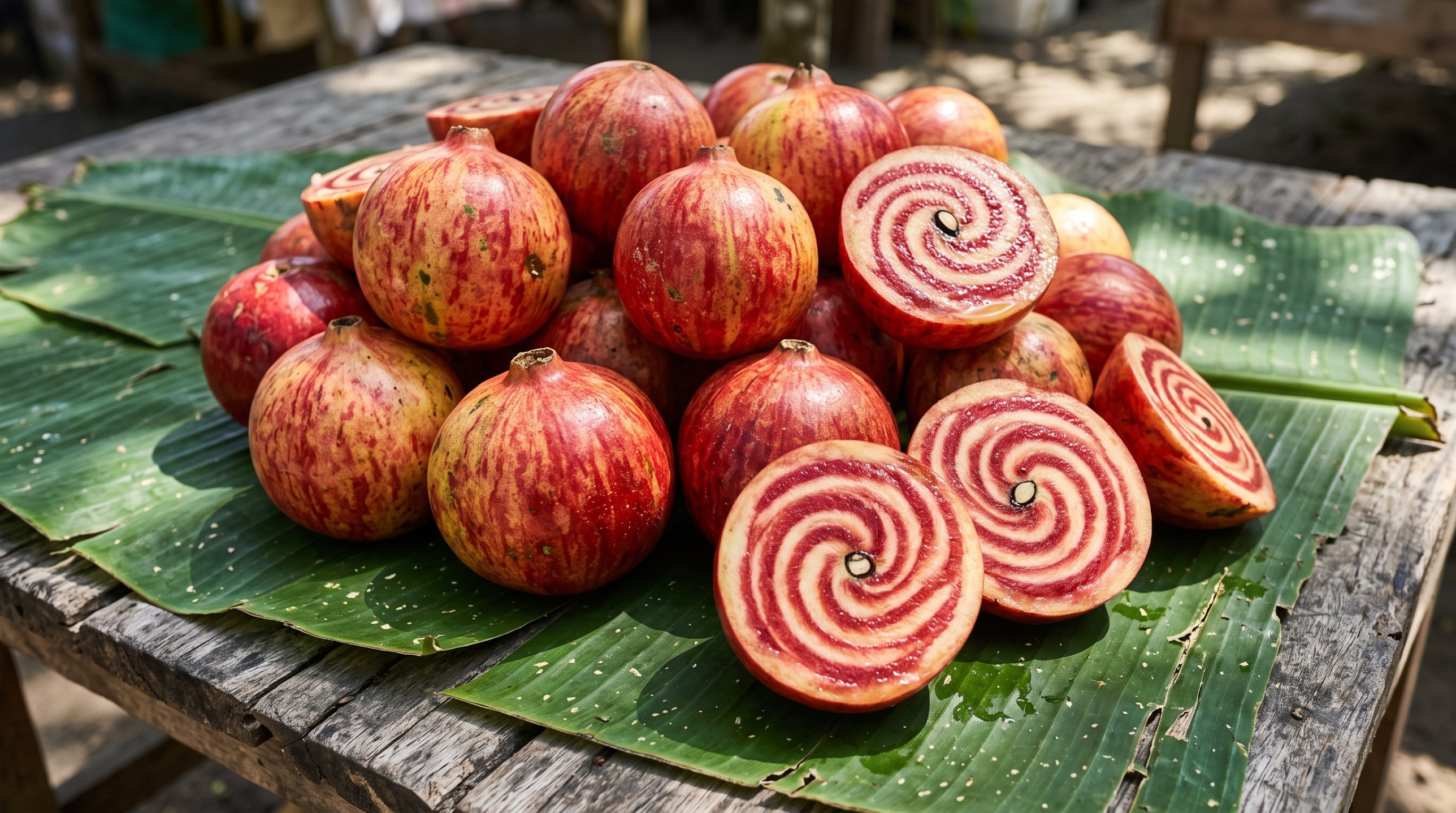 Fresh red pomegranate-style fruit cut open on banana leaves