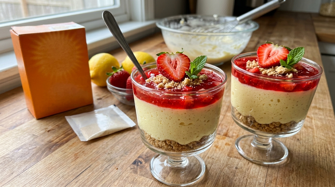 Gelatin cream cups topped with strawberry and mint